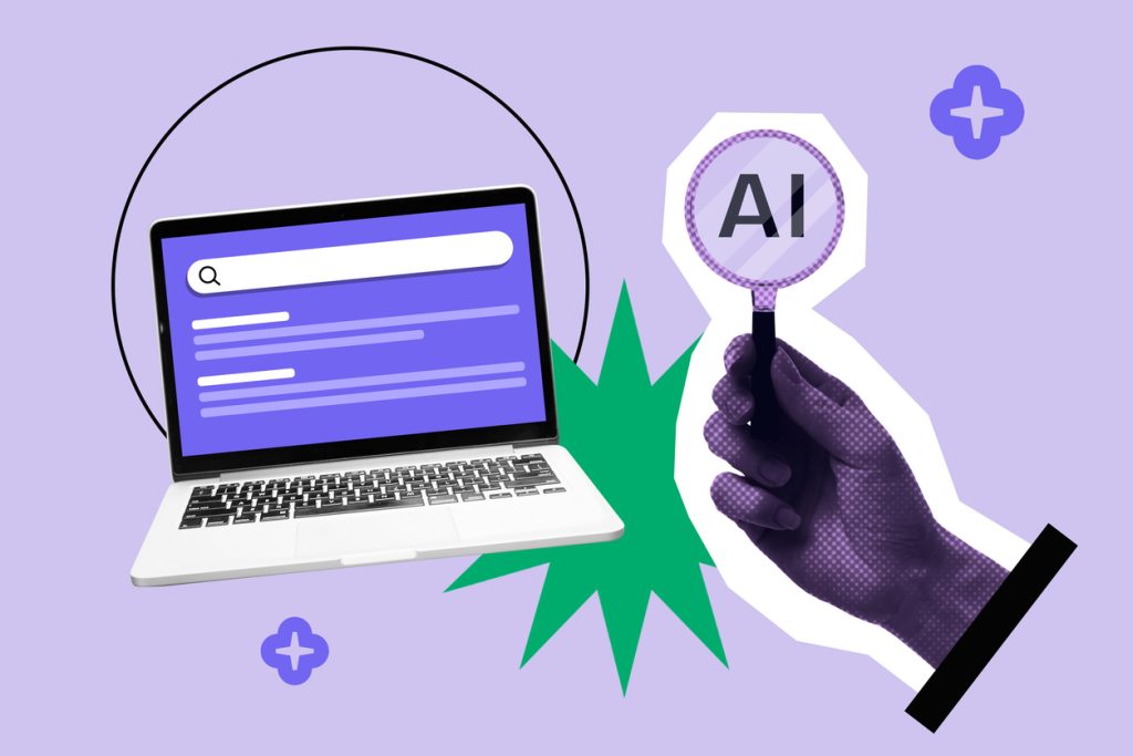 AI powered search engine interface concept, with magnifying glass and laptop showing search screen